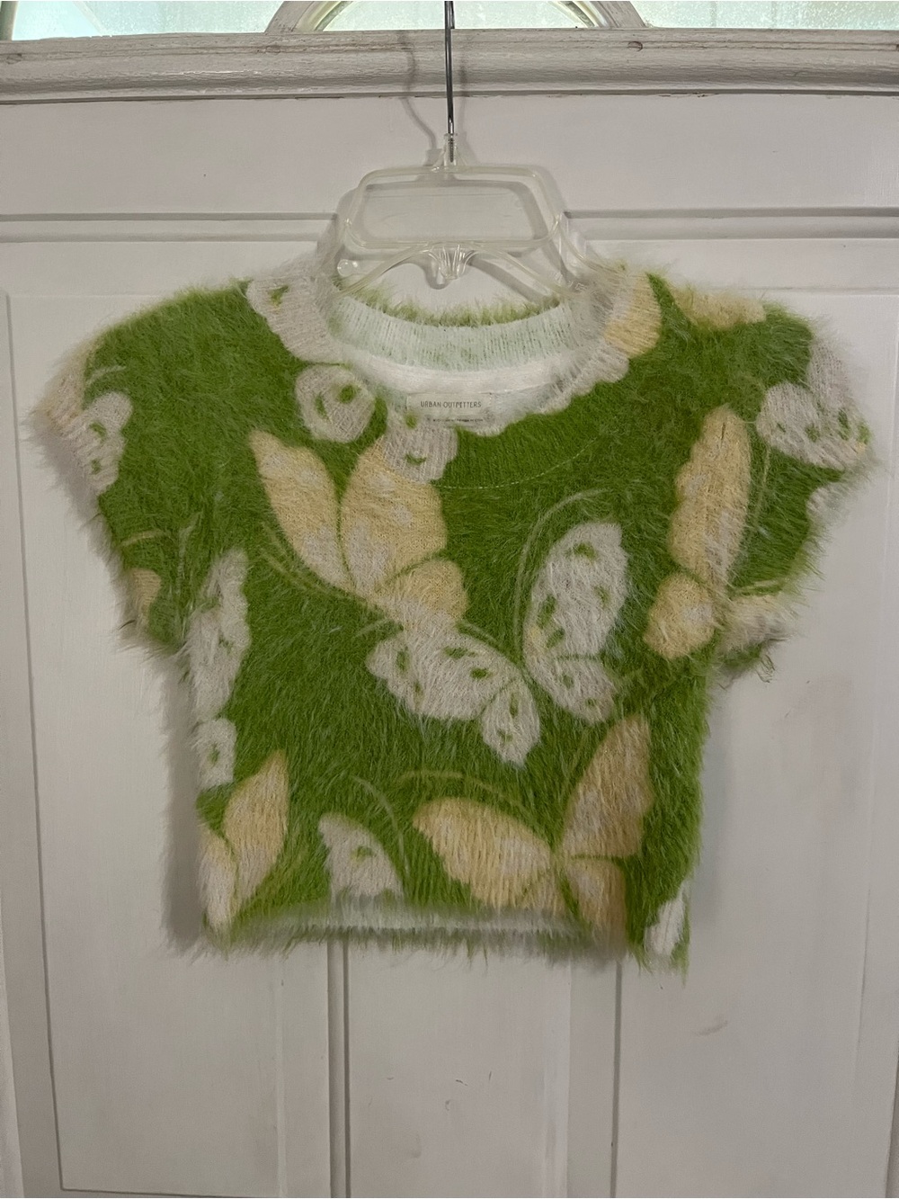 Urban Outfitters Green and Cream Fuzzy Knit Top